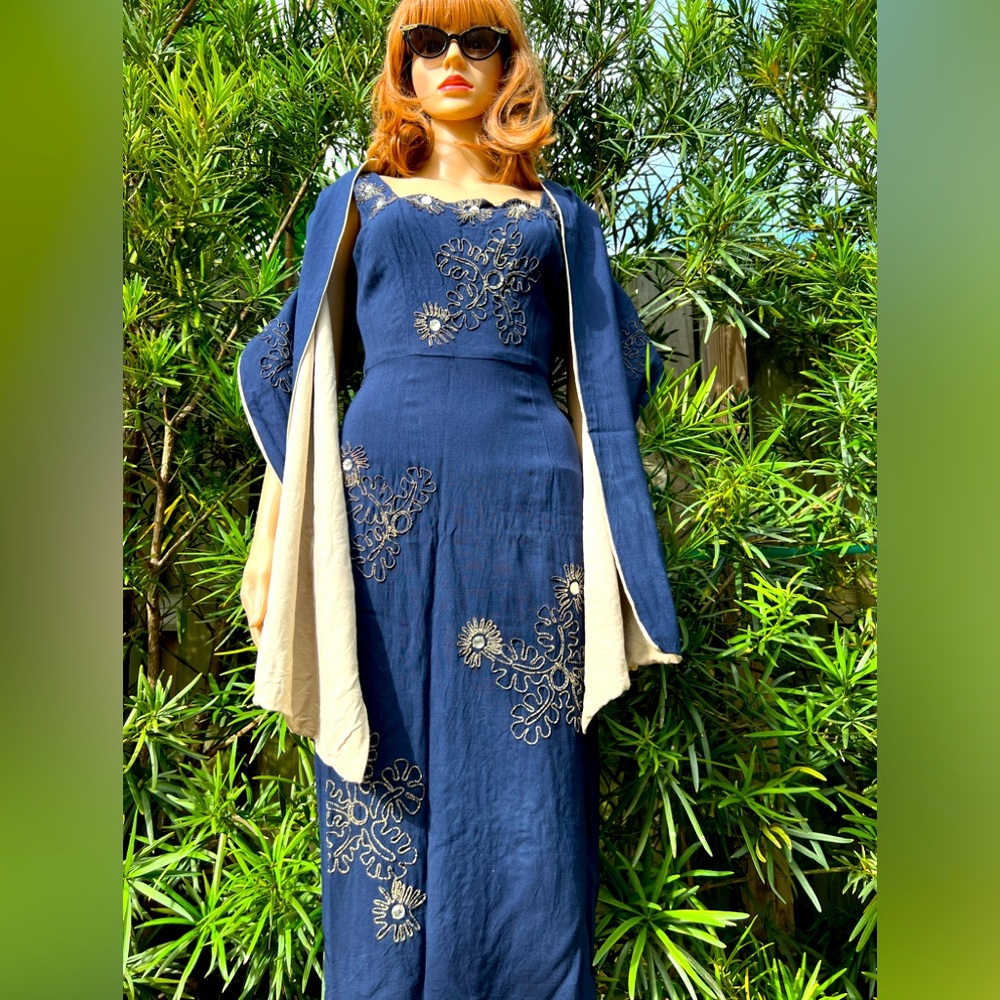 VINTAGE NAVY & GOLD TRIM BEADED DRESS & SHAWL